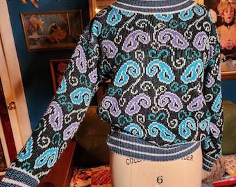 Fun 80s 1980s paisley purple and blue sweater new wave mod