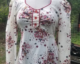 Candi Jones 70s 1970s maxi floral cream and fushia burgundy floral print prairie boho gunne sax style dress