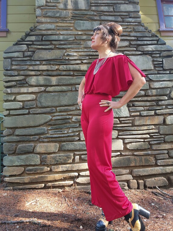 Red cold slit sleeve 70s 1970s jumpsuit disco awe… - image 5