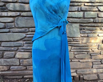 Gorgeous 60s designer Jeanette Alexander chiffon wiggle dress in electrical aqua blue 1960s classy