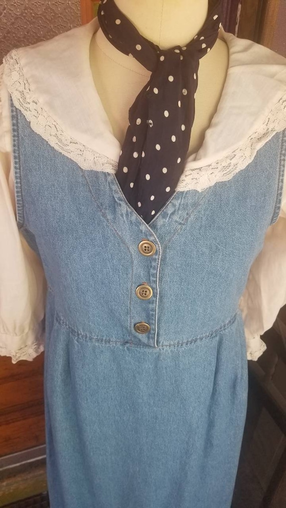 90s 1990s faded glory Denim jean pinafore dress prairie Americana cottage core
