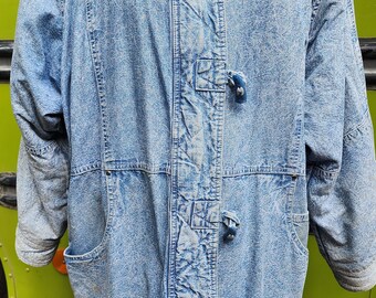 80s quilted faux shearling volup denim long acid wash androgynous unisex long warm coat jacket weirdo crazy town