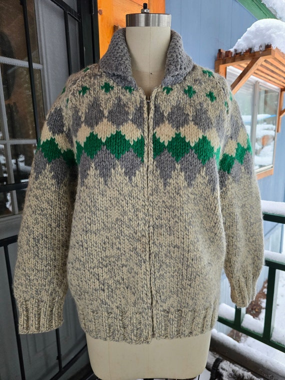 Rare 1950s Western Wool Shawl Collar Cowichan Sweater With