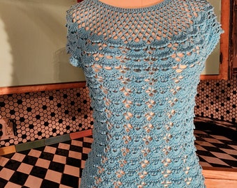 Crochet turquoise blue 70s top blouse handmade boho