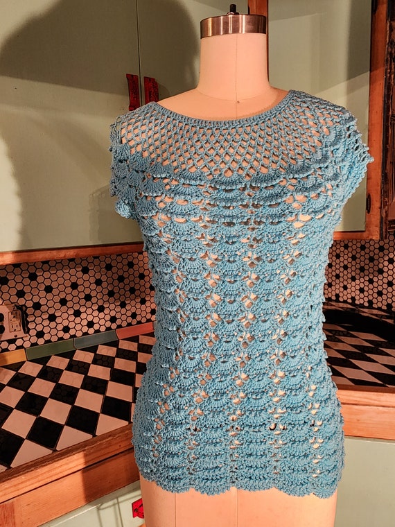 Crochet turquoise blue 70s top blouse handmade boh