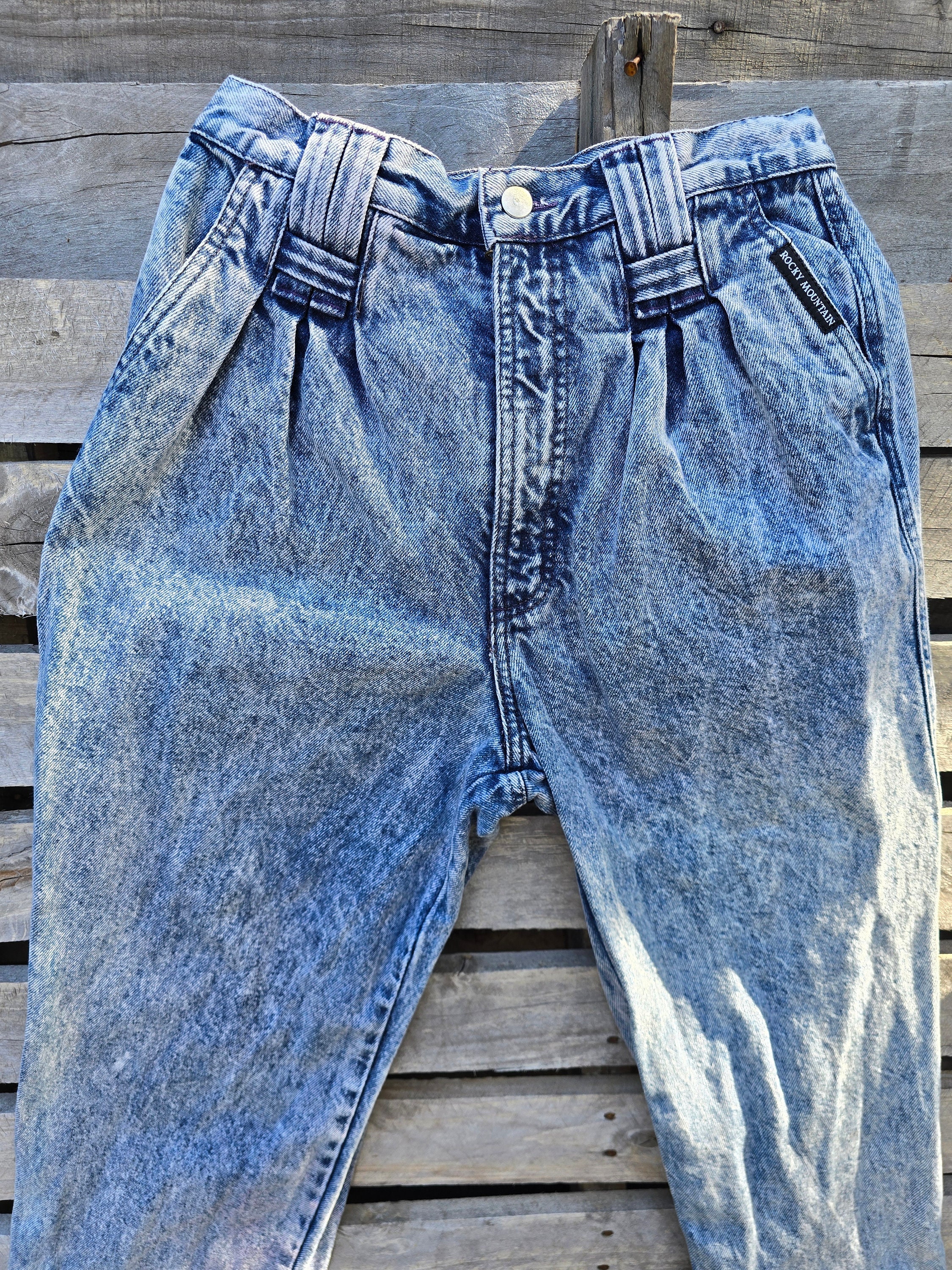 1980s 80s 90s Acid Wash Pleated Rockies Denim Jeans Rocky