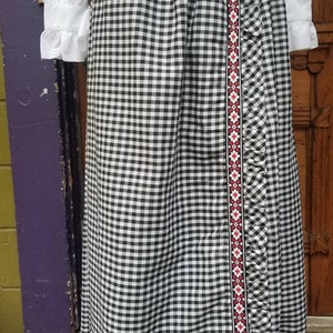 60s 70s maxi gingham skirt designer Chas L. Lewis California curvy voluptuous black white red hippy boho cottage core patchwork prairie