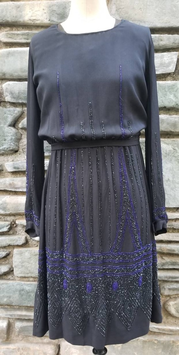 Late 20s 1920s 30s 1930s beaded black dress gown w