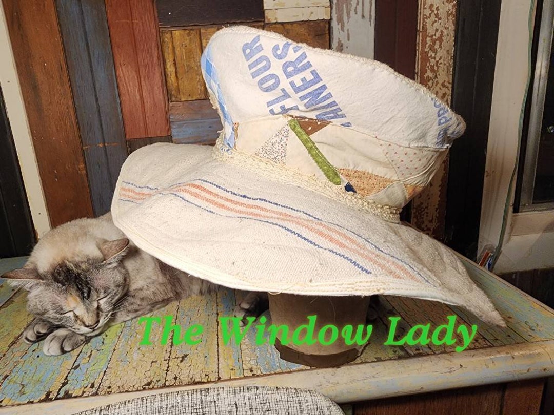 Vintage upcycled quilt/flour sack/ handmade hat I made a few extra large antique quilt witch ?! I used a  main image 3