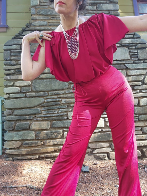 Red cold slit sleeve 70s 1970s jumpsuit disco awe… - image 1