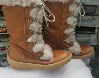 Cabela's 70s caramel colored faux fur leather winter lace up boots size 8.5 made in canada