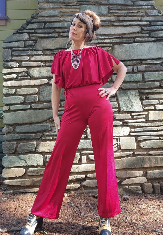 Red cold slit sleeve 70s 1970s jumpsuit disco awe… - image 2