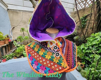 The Window Lady designer patchwork upcycled hooded cape capelet androgynous Guatemalan textile collage quilted festival hood woven