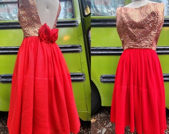 Early 60s late 50s designer  Lou Ette vintage lurex lamè red gold party dress formal fun