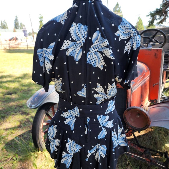 1980s designer foxy lady bow dress navy blue 80s … - image 3