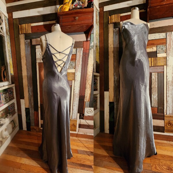 90s 1990s glamorous maxi metallic silver shimmery bias cut dress gown with plunging criss cross back witchy goth y2k