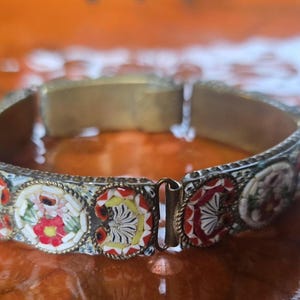 Vintage  Italy Gold Metal Micro Mosaic Tile Five Panel boho 8.5&quot; Bracelet glass