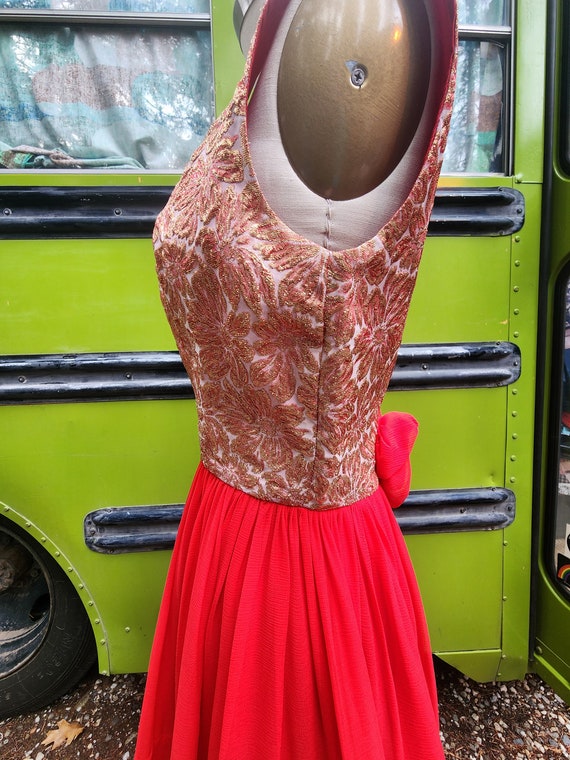 red and gold semi formal dress Early 60s Late 50s Designer Lou Ette Vintage Lurex Lamè Party Fun darkbrown