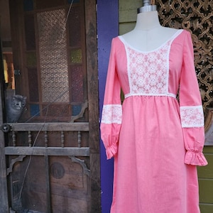 Salmon cotton lace maxi dress gown gunnesax style homemade cottage core boho 70s romantic long puff sleeves