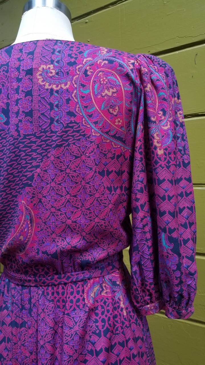 Gorgeous Fushia Paisley 80s 1980s Puff Sleeve Dress Boho Glam | Etsy