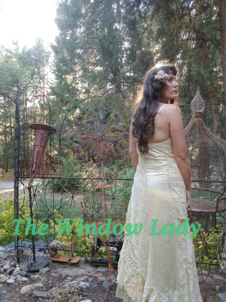 The Window lady patchwork upcycled handmade doily crochet linen satin gown dress ooak bridal wedding boho witchy bride