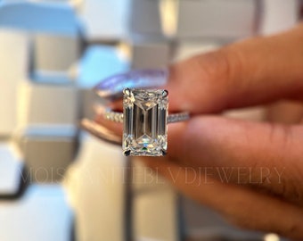 14KT Gold Ring Emerald Hidden Halo Pave Set Wedding Ring, Emerald Cut Moissanite Engagement Ring, Colorless Emerald Cut Moissanite Ring