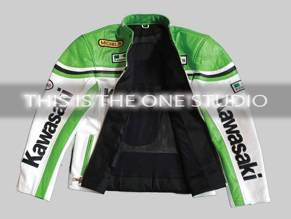 Kawasaki Racing Leather Jacket: Vintage Biker Style, Green & White