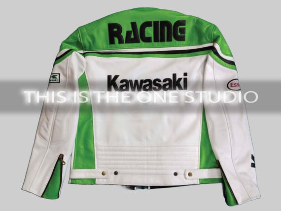 Kawasaki Racing Leather Jacket: Vintage Biker Style, Green & White