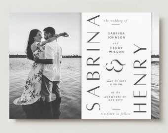 May include: Black and white wedding invitation featuring a couple embracing in water. The text reads "The wedding of Sabrina Johnson and Henry Wilson" with the date, time, and location. The words "reception to follow" are also included.