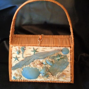 Cartera con techo de paja con motivos marinos de Oceania, década de 1980