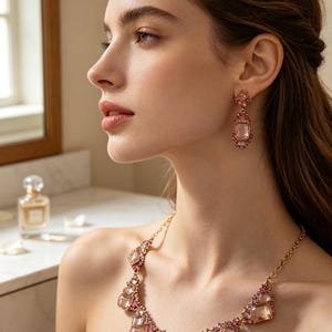 Puede incluir: Un collar y pendientes colgantes en tono dorado con piedras centrales rectangulares de color rosa claro rodeadas de cristales más pequeños de color rosa oscuro. El conjunto de joyas se muestra puesto, con el texto Lumina Relic Atelier visible.