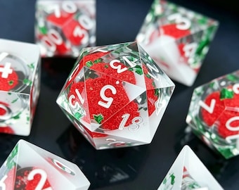 Set di dadi con nucleo liquido alla fragola, resina di frutta rossa, dadi poliedrici per giochi di ruolo con bordi affilati