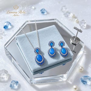 Silver-Tone Blue Opal Halo Pendant Necklace and Drop Earrings Set