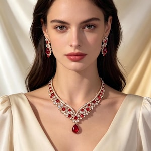 Ruby Red Crystal V-Neck Necklace & Drop Earrings Set, Rhinestone Formal Jewelry