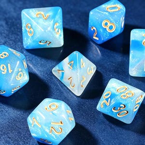 7Pcs Light Blue Milky Cloud Resin DND Dice Set Faceted Polyhedral RPG Dice Gold Number Glitter Swirl D&D Tabletop Game Dice