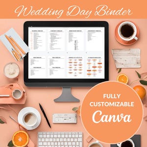 May include: A computer screen displaying a wedding day binder template with various sections for timelines, important contacts, and vendor information. The text "FULLY CUSTOMIZABLE Canva" is displayed on a peach background.
