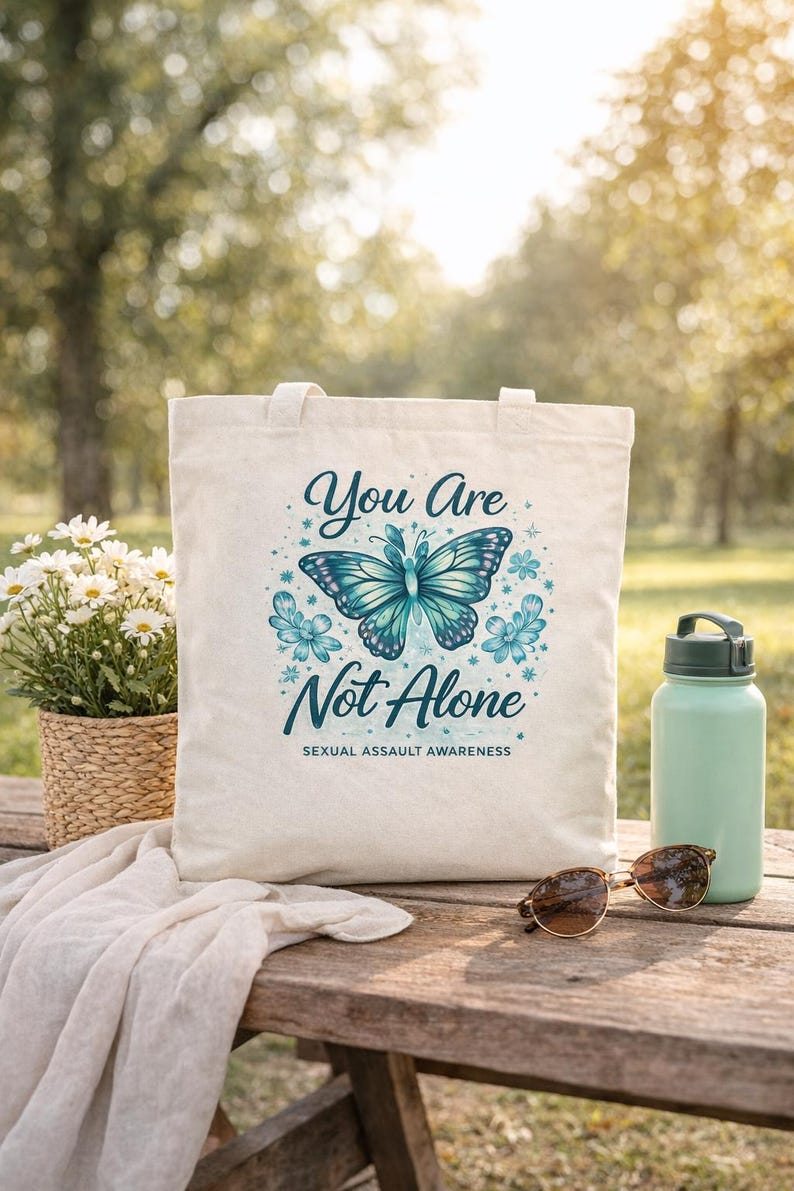 Pu&ograve; includere: Borsa tote color crema con la scritta "You Are Not Alone" e un disegno di farfalla turchese. La borsa &egrave; su un tavolo di legno con una bottiglia d'acqua, occhiali da sole e un cesto di fiori. &Egrave; visibile anche la frase "Sexual Assault Awareness".