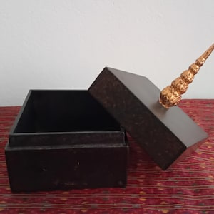 Könnte beinhalten: Eine dunkelbraune Holzkiste mit einem Deckel, der mit einem goldfarbenen, spiralförmigen, hornartigen Schmuck verziert ist. Die Kiste ist geöffnet und zeigt ihr leeres Inneres. Die Kiste steht auf einer rot gemusterten Oberfläche.