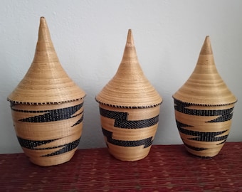 Three Rwandese Tutsi Baskets, Set of Three Handmade Vintage Rwandese Tribal Baskets, Rwanda Central Africa 1980's