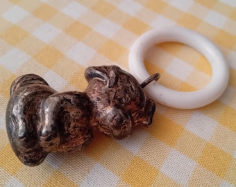 Antique Baby Rattle, Silver-Plated Child Rattle  In The Shape Of A Bear/Puppy, Belgium Or Neighboring Region - Europe 1920's
