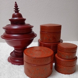 Vintage Burmese Set of Lacquerware (Stack of Boxes and Offering Vessel), Burma Second Half Twentieth Century