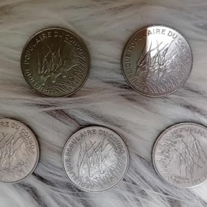 Congo 5 Vintage 100 Francs African Coins, (1971, 1972, 1975, 1982, 1983), République du Congo Africa, Numismatic Collecting