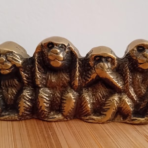 Vintage Three Wise Monkeys (+ One Additional Monkey) Brass Figurine "Sea, Hear, Speak (No Evil)", Second Half Twentieth Century