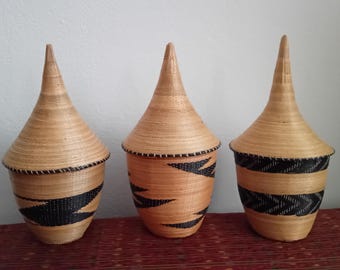 Three Rwandese Handmade Tribal Vintage Tutsi Baskets (Not Stackable), Rwanda Central Africa 1980's