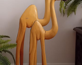 Large Pair Of Vintage Tunisian Wooden Handmade Dromedary (One-Humped Camel), Tunisia - Africa 1990's