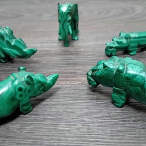 Five Hand-Carved Malachite Animal Figurines (1×Elephant, 2xRhinoceros, 2xHippopotamus), Congo - Brazzaville 1960&#39;s