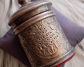 Antique Indonesian Silver-Plated Cylindrical Trinkets Box, (Betel Nut Storage Container), Indonesia 1900's