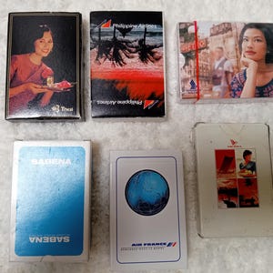 Speelkaarten luchtvaartmaatschappij, set van zes vintage speelkaarten, tweede helft twintigste eeuw