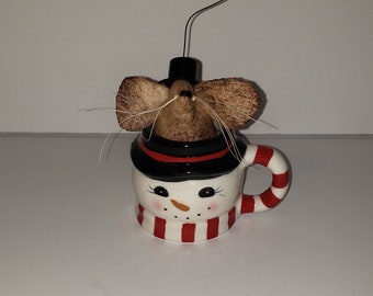 Frosty the Snow mouse in mini Espresso Cup with Frosty Hat, Snowman theme Handmade mouse, Winter decor, Tiered Tray, Homespun from the Heart