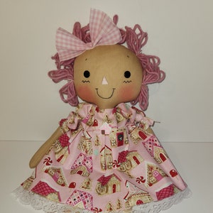 Pink Christmas Gingerbread Raggedy Cloth doll, unique Christmas Gift or Decor, Homespun from the Heart dolls